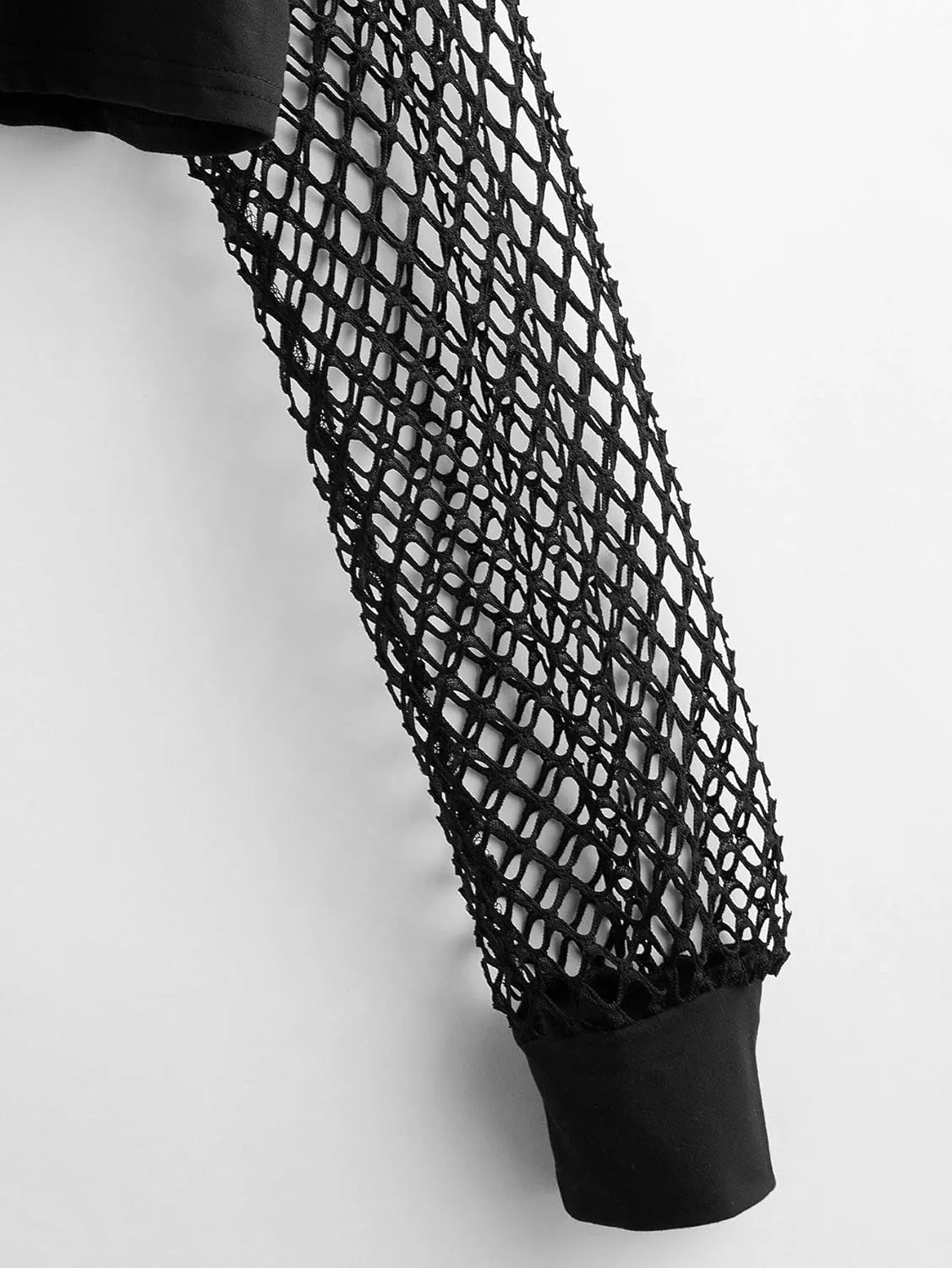 Verdusa Women's Fishnet Crop Hoodie Drop Shoulder Long Sleeve Sweatshirt Pullover