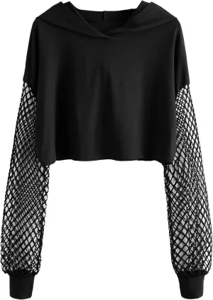 Verdusa Women's Fishnet Crop Hoodie Drop Shoulder Long Sleeve Sweatshirt Pullover