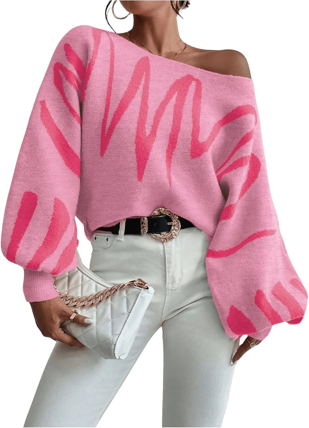 Verdusa Women's Off The Shoulder Sweater Oversized Long Lantern Sleeve Pullovers Trendy Knit Tops