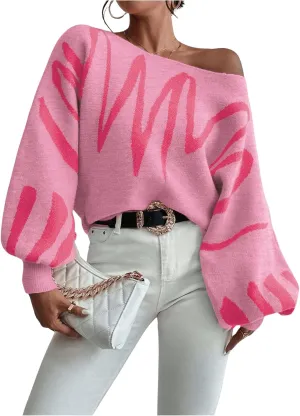 Verdusa Women's Off The Shoulder Sweater Oversized Long Lantern Sleeve Pullovers Trendy Knit Tops