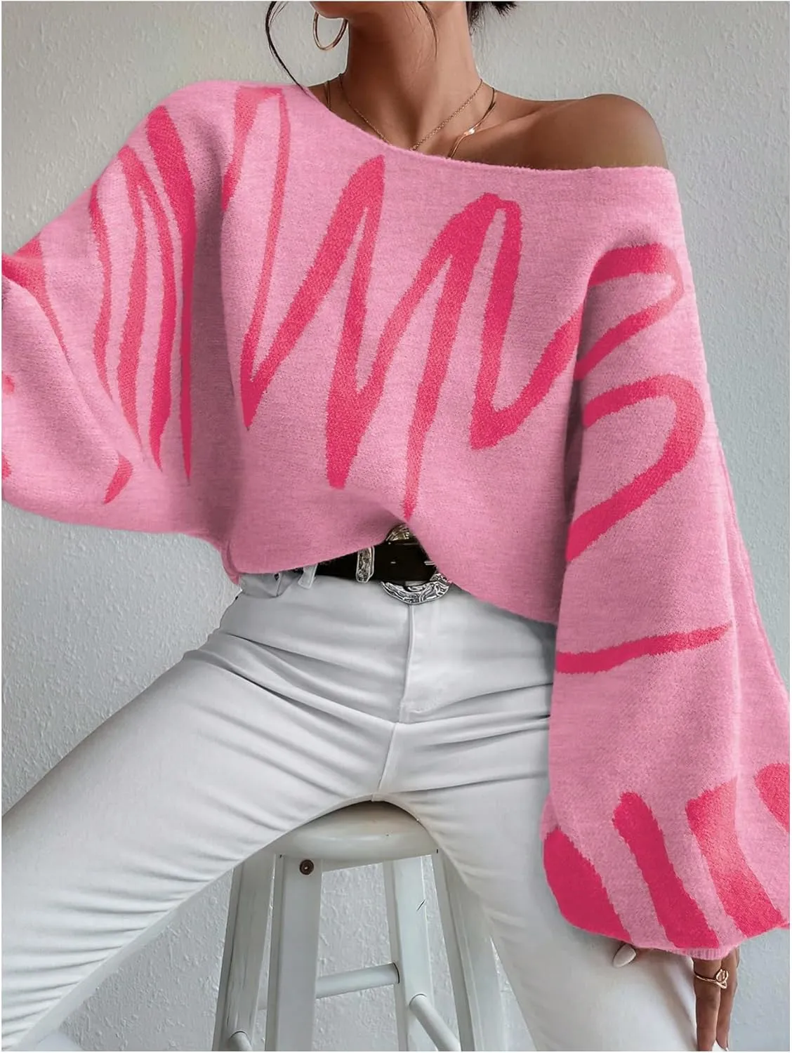 Verdusa Women's Off The Shoulder Sweater Oversized Long Lantern Sleeve Pullovers Trendy Knit Tops