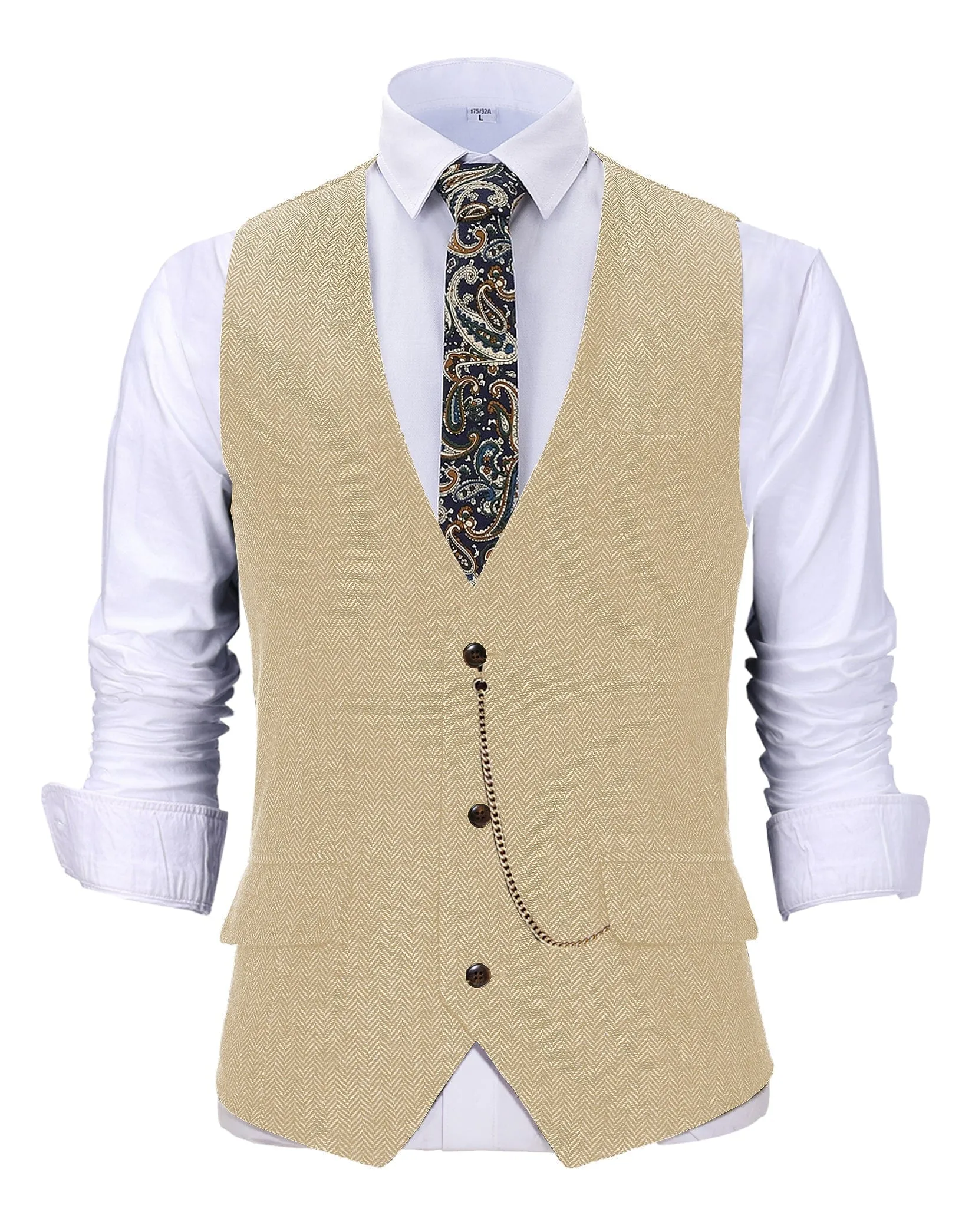 Vintage  Men's Slim Fit Herringbone V Neck Waistcoat