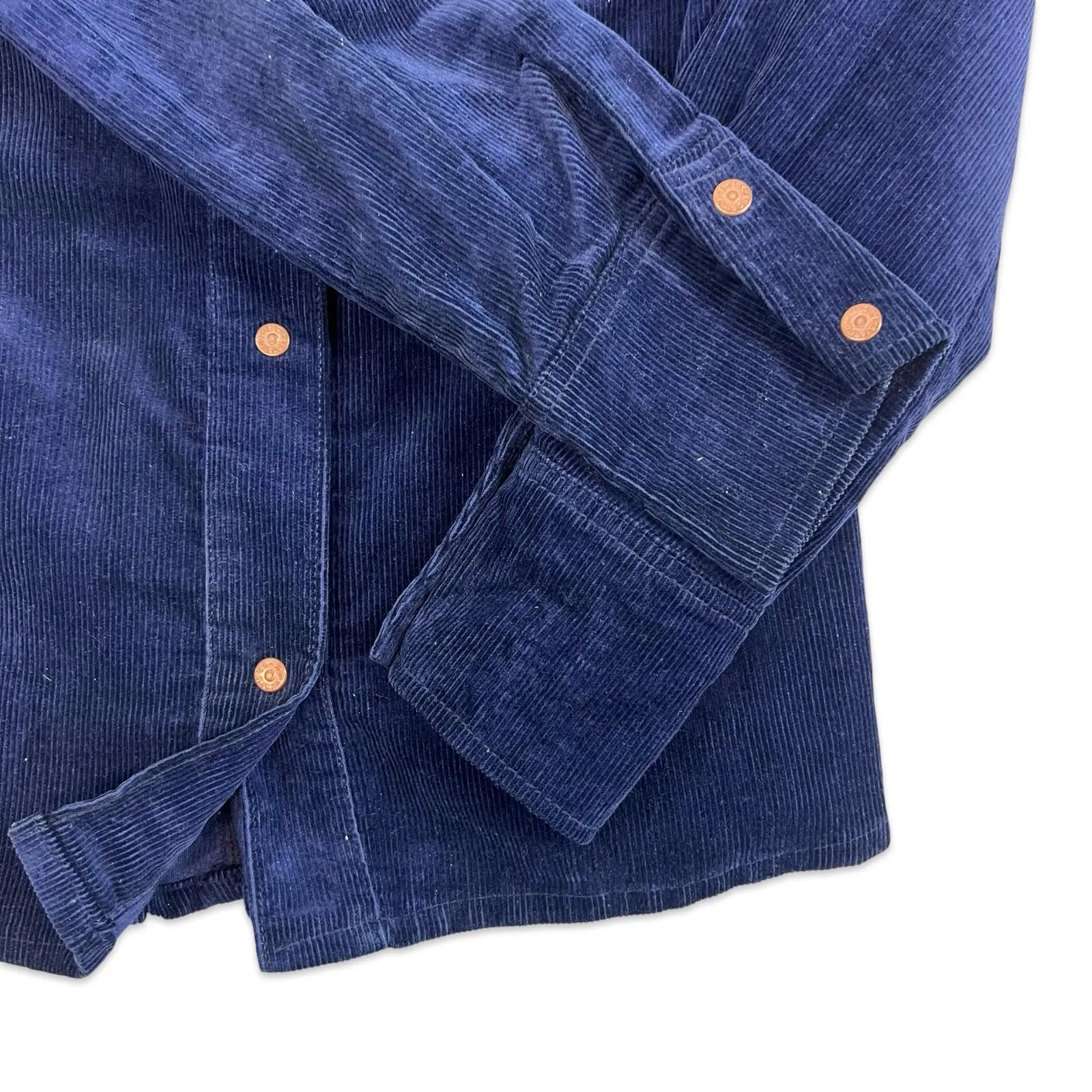 VTG 1970s MISS LEVIS BIG E BLACK/GOLD TAB CORDUROY SHIRT LARGE COLLARS 34” CHEST