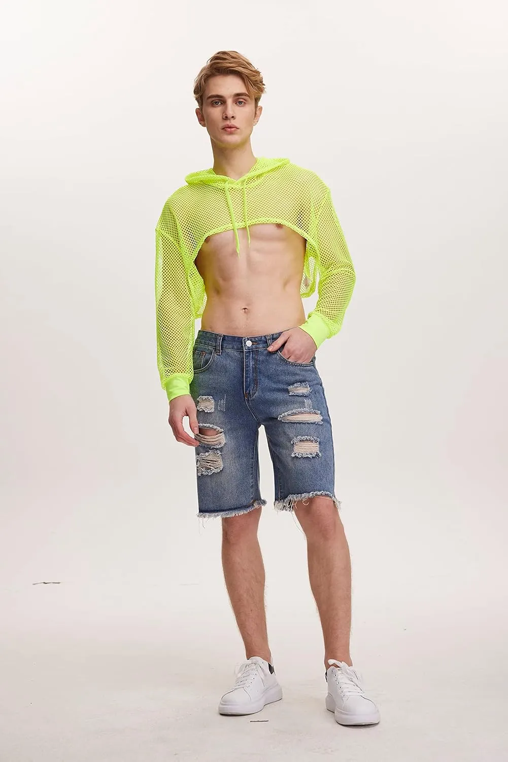 WDIRARA Men's Drawstring Fishnet Mesh Long Sleeve Hoodie Crop Top Pullovers