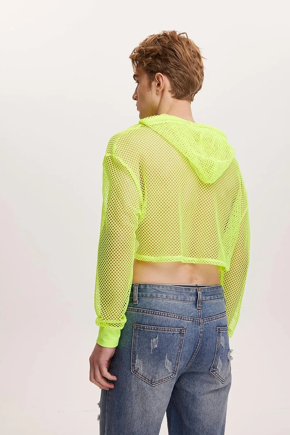 WDIRARA Men's Drawstring Fishnet Mesh Long Sleeve Hoodie Crop Top Pullovers