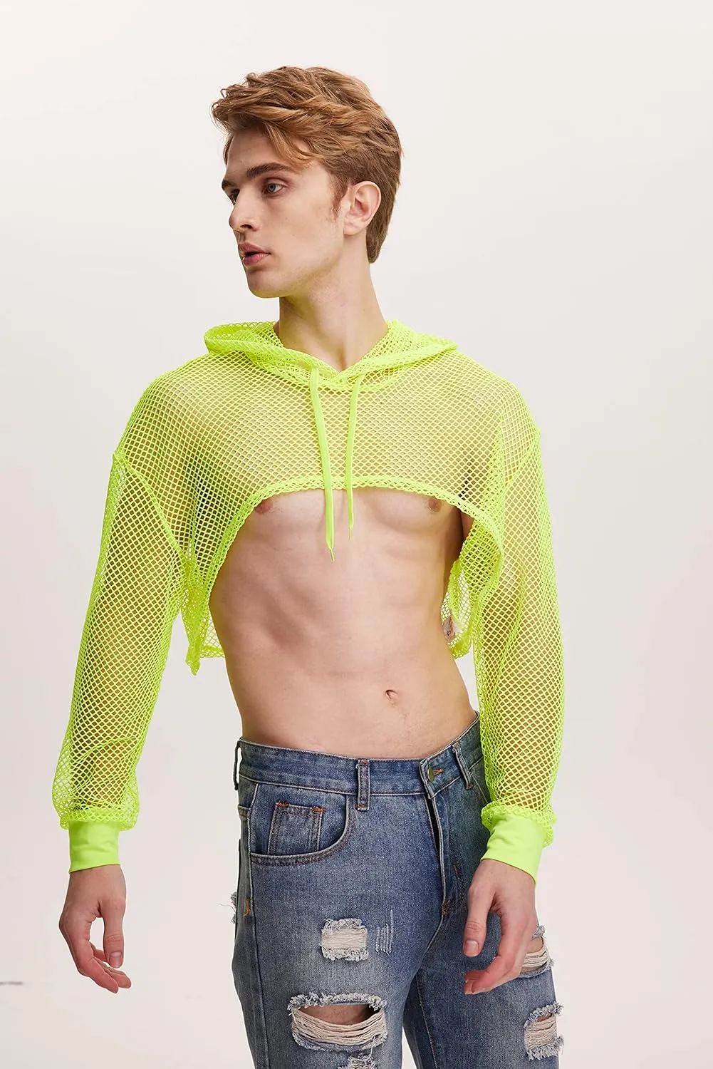 WDIRARA Men's Drawstring Fishnet Mesh Long Sleeve Hoodie Crop Top Pullovers