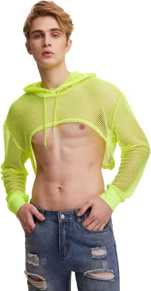 WDIRARA Men's Drawstring Fishnet Mesh Long Sleeve Hoodie Crop Top Pullovers
