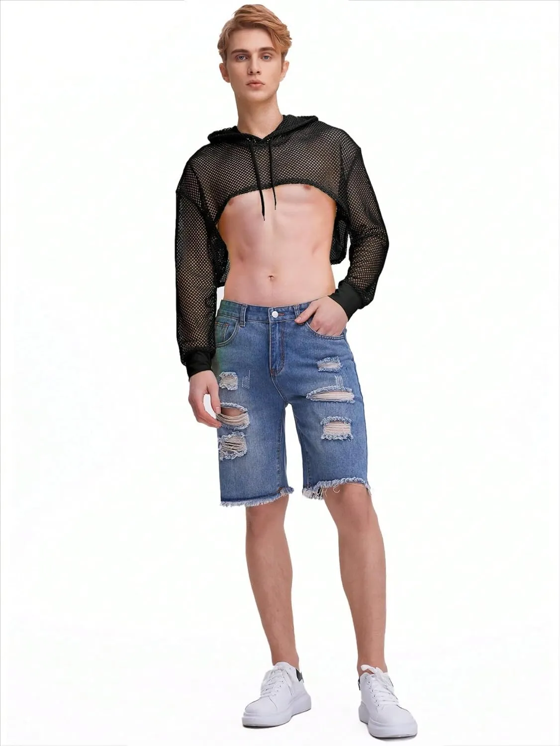 WDIRARA Men's Drawstring Fishnet Mesh Long Sleeve Hoodie Crop Top Pullovers