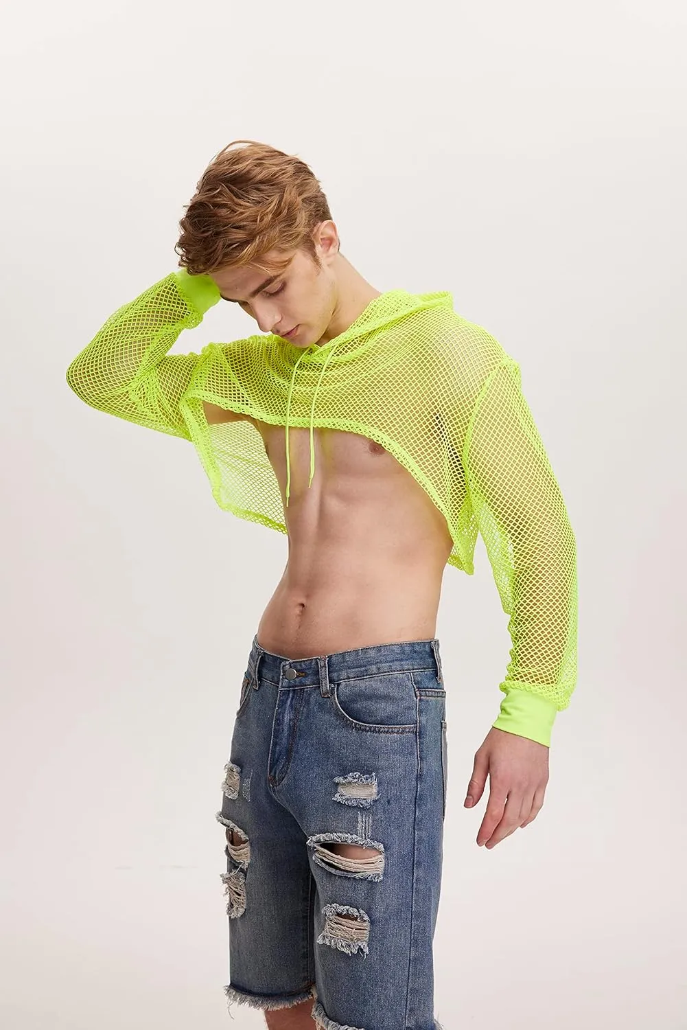 WDIRARA Men's Drawstring Fishnet Mesh Long Sleeve Hoodie Crop Top Pullovers
