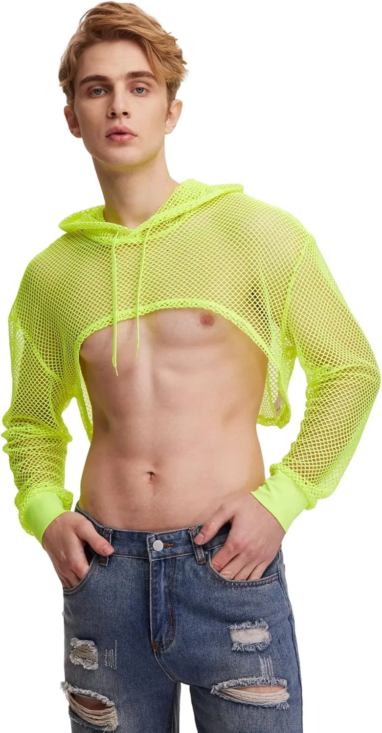 WDIRARA Men's Drawstring Fishnet Mesh Long Sleeve Hoodie Crop Top Pullovers