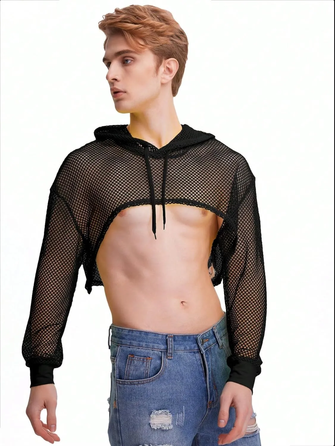 WDIRARA Men's Drawstring Fishnet Mesh Long Sleeve Hoodie Crop Top Pullovers