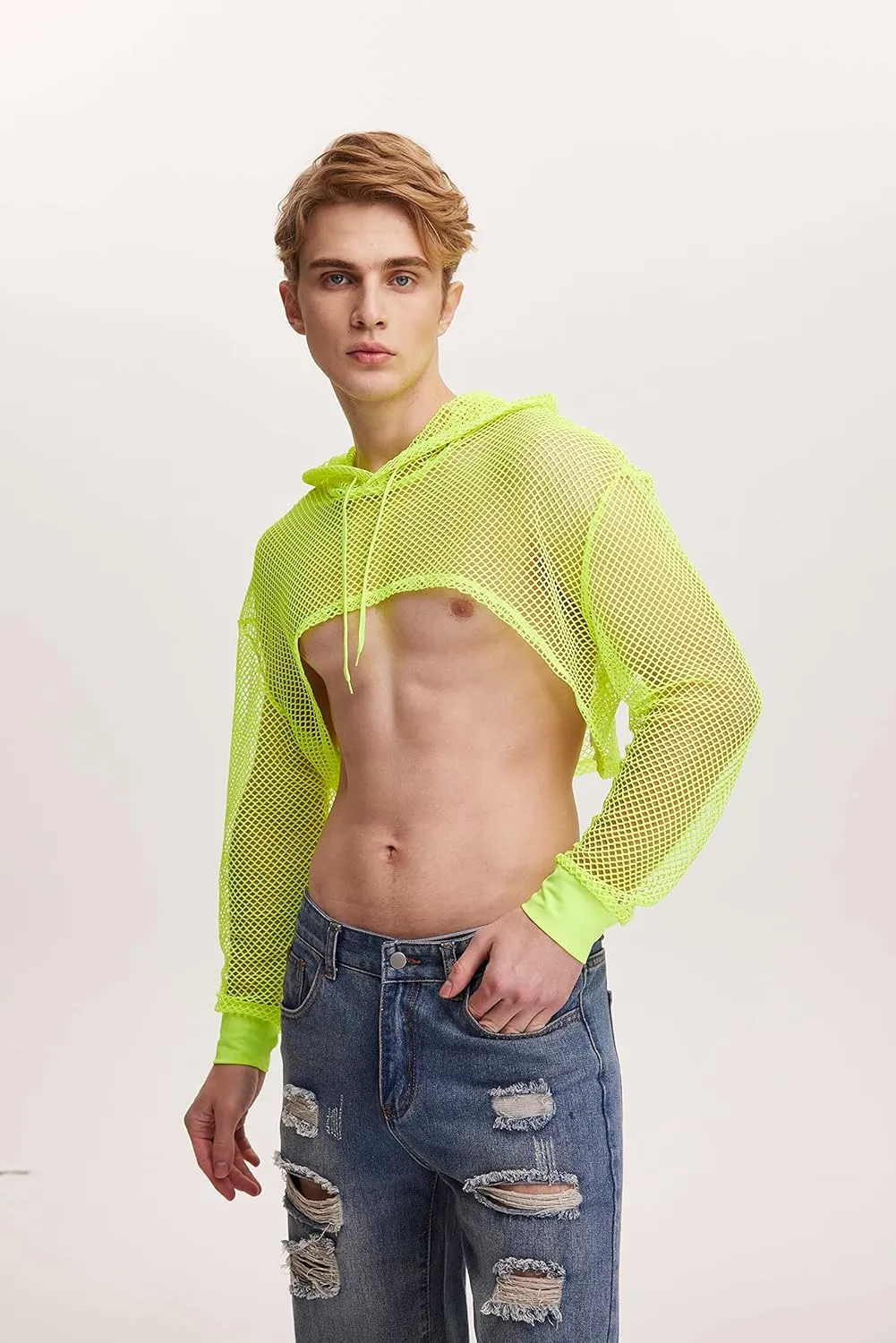 WDIRARA Men's Drawstring Fishnet Mesh Long Sleeve Hoodie Crop Top Pullovers