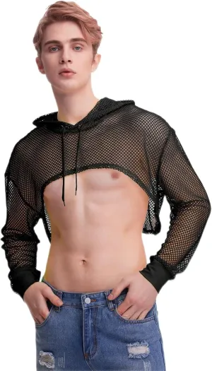 WDIRARA Men's Drawstring Fishnet Mesh Long Sleeve Hoodie Crop Top Pullovers