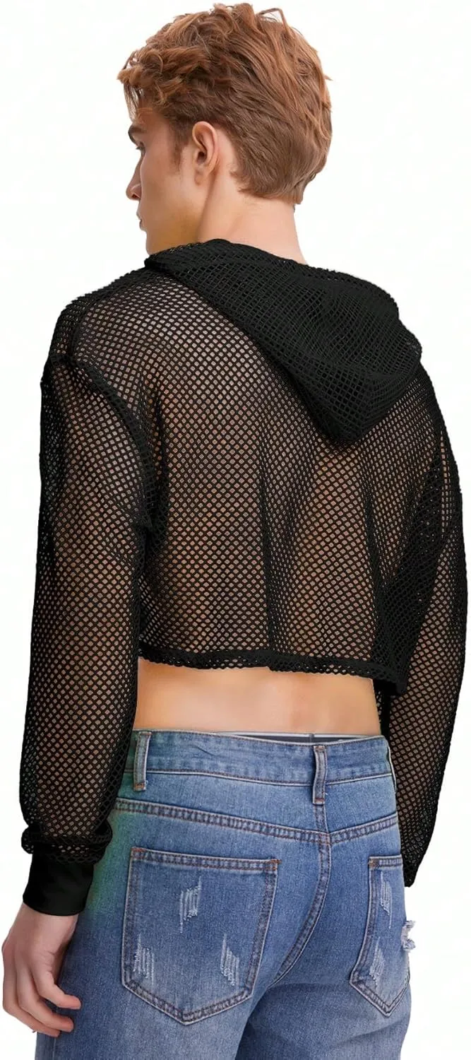 WDIRARA Men's Drawstring Fishnet Mesh Long Sleeve Hoodie Crop Top Pullovers