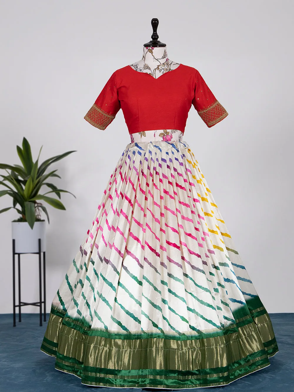 White Color Digital Bandhej Print Pure Gaji Silk Lehenga Choli