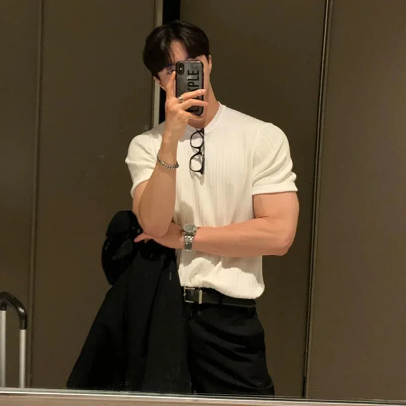 Wiaofellas  -  Brand Pullovers Clothing Men's Summer Leisure Knitted T-shirt Male Slim Fit O Neck Knitting Man Tee Shirt Homme D107
