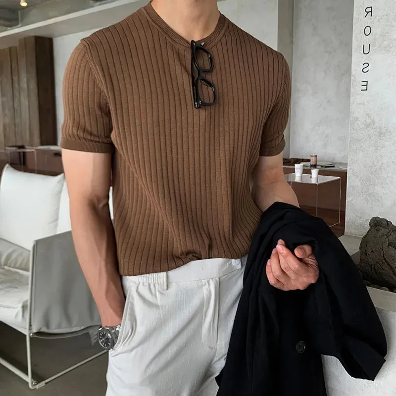 Wiaofellas  -  Brand Pullovers Clothing Men's Summer Leisure Knitted T-shirt Male Slim Fit O Neck Knitting Man Tee Shirt Homme D107