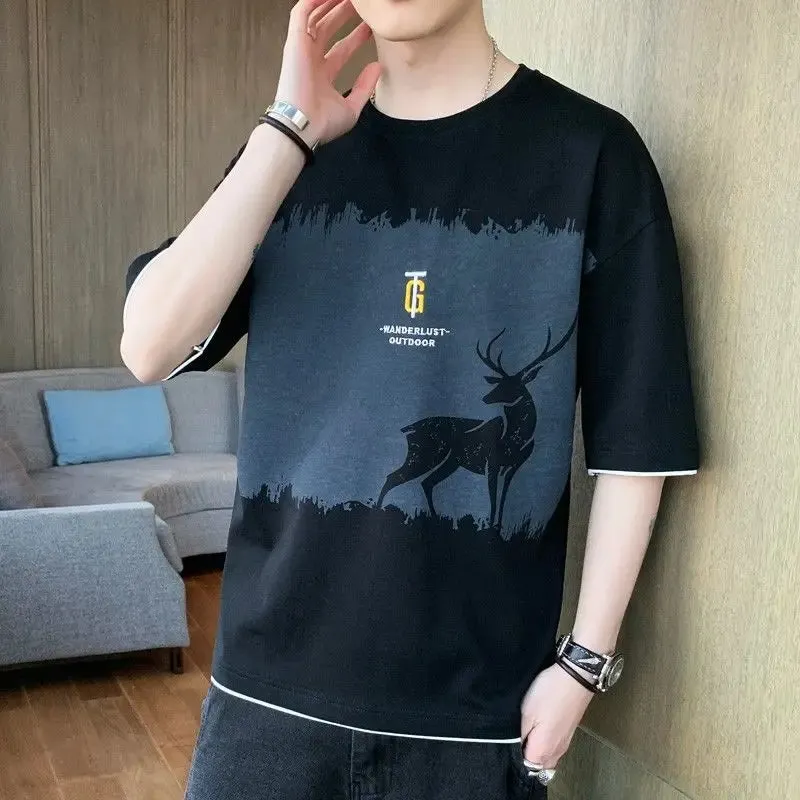 Wiaofellas  -  Fashion O-Neck Spliced Printed T-Shirt Men's Clothing Spring New Oversized Casual Pullovers Korean Short Sleeve Tee Shirt