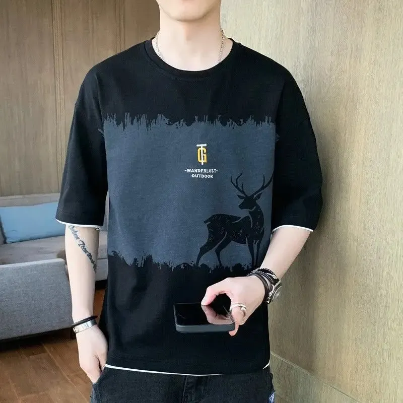 Wiaofellas  -  Fashion O-Neck Spliced Printed T-Shirt Men's Clothing Spring New Oversized Casual Pullovers Korean Short Sleeve Tee Shirt