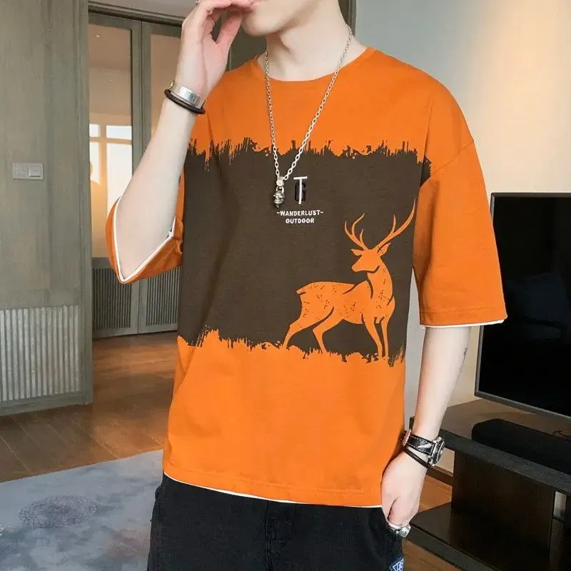 Wiaofellas  -  Fashion O-Neck Spliced Printed T-Shirt Men's Clothing Spring New Oversized Casual Pullovers Korean Short Sleeve Tee Shirt