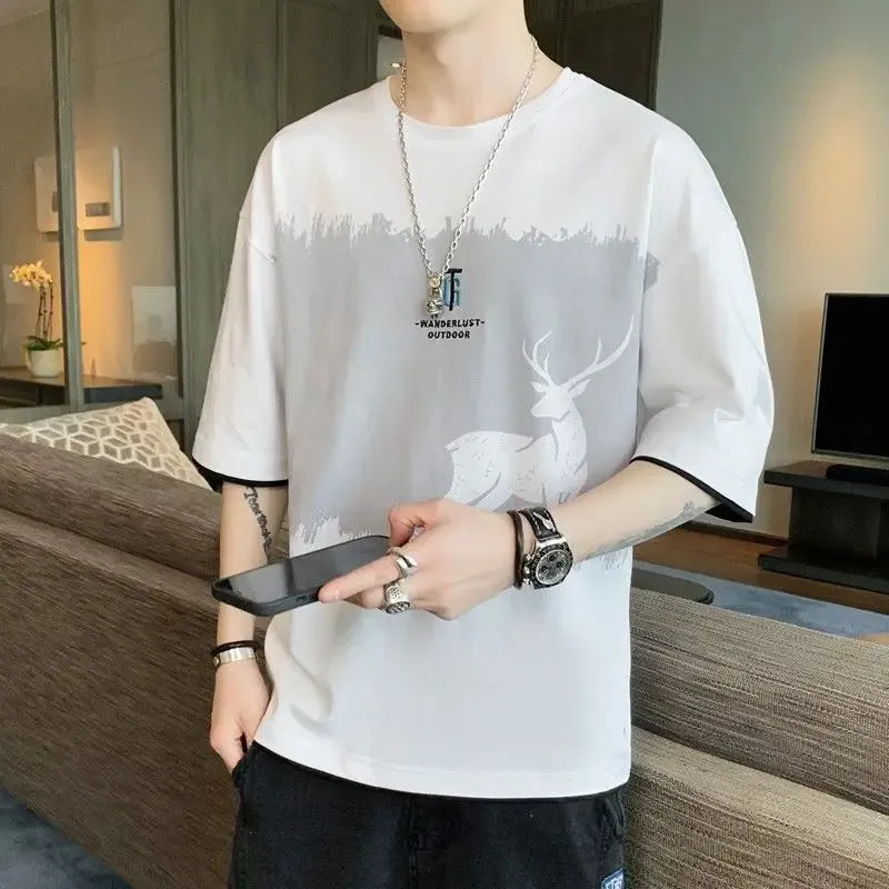 Wiaofellas  -  Fashion O-Neck Spliced Printed T-Shirt Men's Clothing Spring New Oversized Casual Pullovers Korean Short Sleeve Tee Shirt