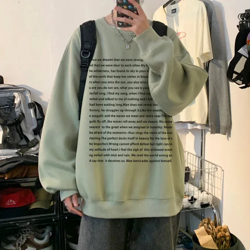 Wiaofellas  -  Loose Retro Hoodies Round Neck Sweatshirt Men's Korean Version Printed Letter Hip Hop Long Sleeve Sweatshirts Casual Pullovers