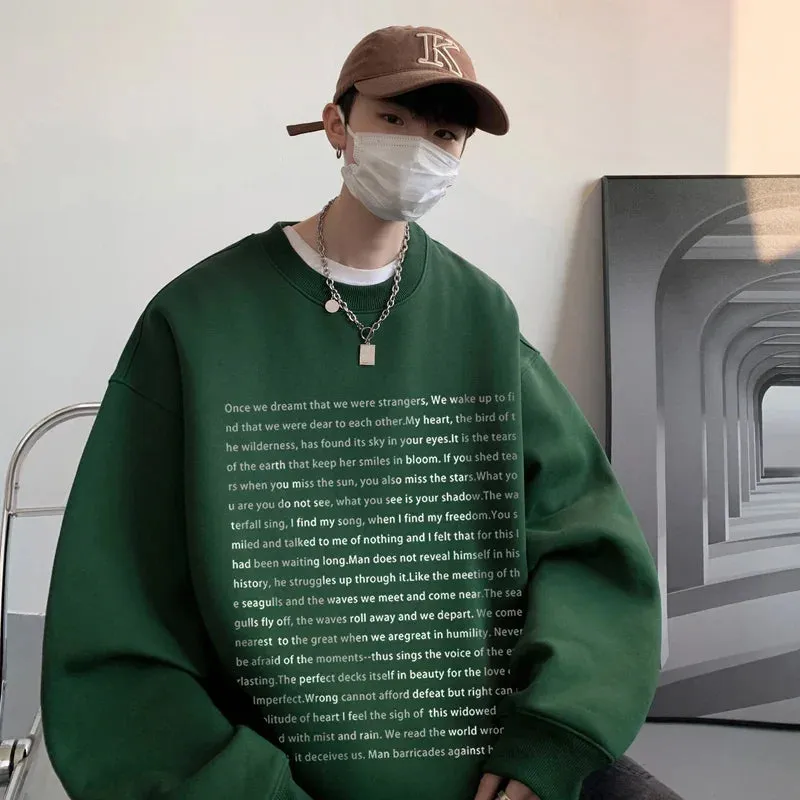 Wiaofellas  -  Loose Retro Hoodies Round Neck Sweatshirt Men's Korean Version Printed Letter Hip Hop Long Sleeve Sweatshirts Casual Pullovers