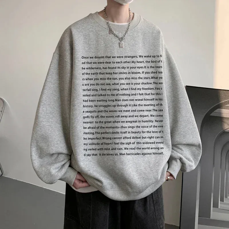 Wiaofellas  -  Loose Retro Hoodies Round Neck Sweatshirt Men's Korean Version Printed Letter Hip Hop Long Sleeve Sweatshirts Casual Pullovers