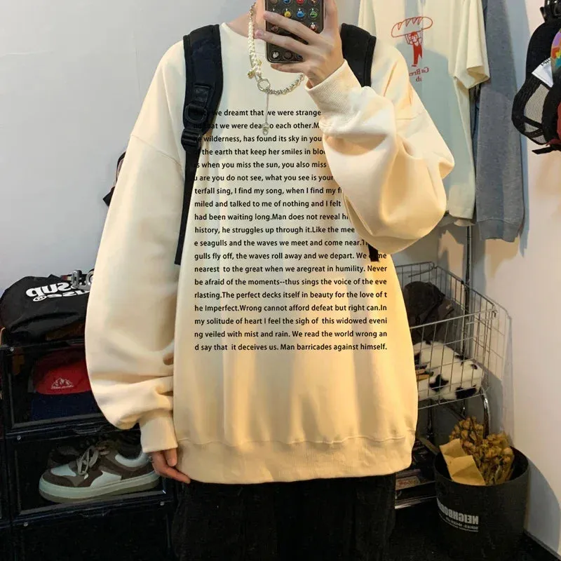 Wiaofellas  -  Loose Retro Hoodies Round Neck Sweatshirt Men's Korean Version Printed Letter Hip Hop Long Sleeve Sweatshirts Casual Pullovers