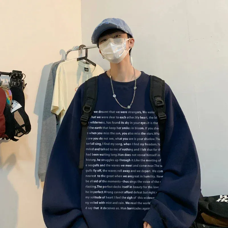 Wiaofellas  -  Loose Retro Hoodies Round Neck Sweatshirt Men's Korean Version Printed Letter Hip Hop Long Sleeve Sweatshirts Casual Pullovers