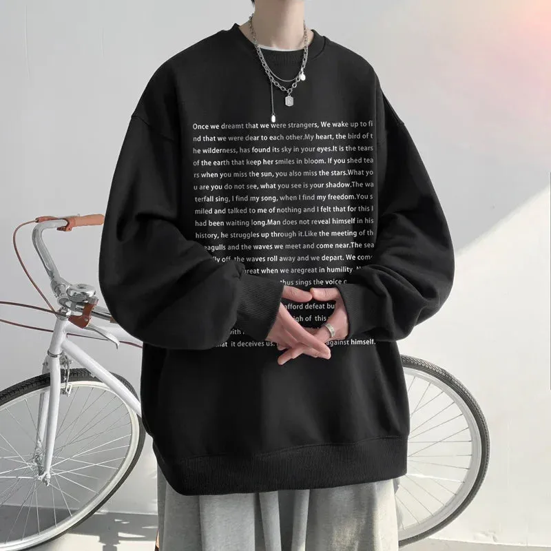 Wiaofellas  -  Loose Retro Hoodies Round Neck Sweatshirt Men's Korean Version Printed Letter Hip Hop Long Sleeve Sweatshirts Casual Pullovers