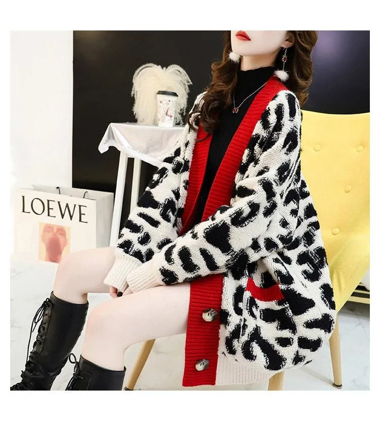 Women Fashion Long Sweater and Cardigans - Open Stitch Leopard Casual Cardigans Red and Yellow Oversized Knit Jacket Out Coat (TP4)(TB8C)(1U23)