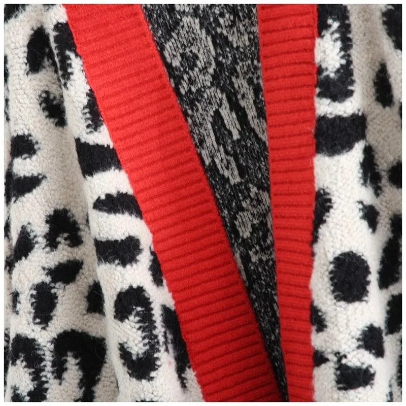 Women Fashion Long Sweater and Cardigans - Open Stitch Leopard Casual Cardigans Red and Yellow Oversized Knit Jacket Out Coat (TP4)(TB8C)(1U23)