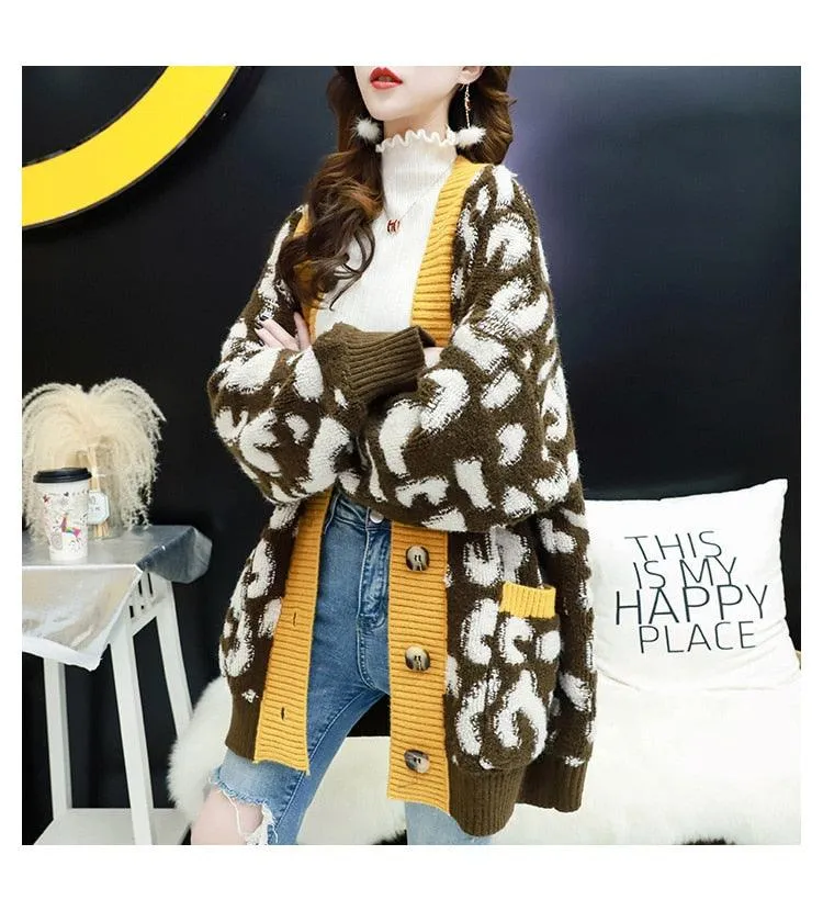 Women Fashion Long Sweater and Cardigans - Open Stitch Leopard Casual Cardigans Red and Yellow Oversized Knit Jacket Out Coat (TP4)(TB8C)(1U23)