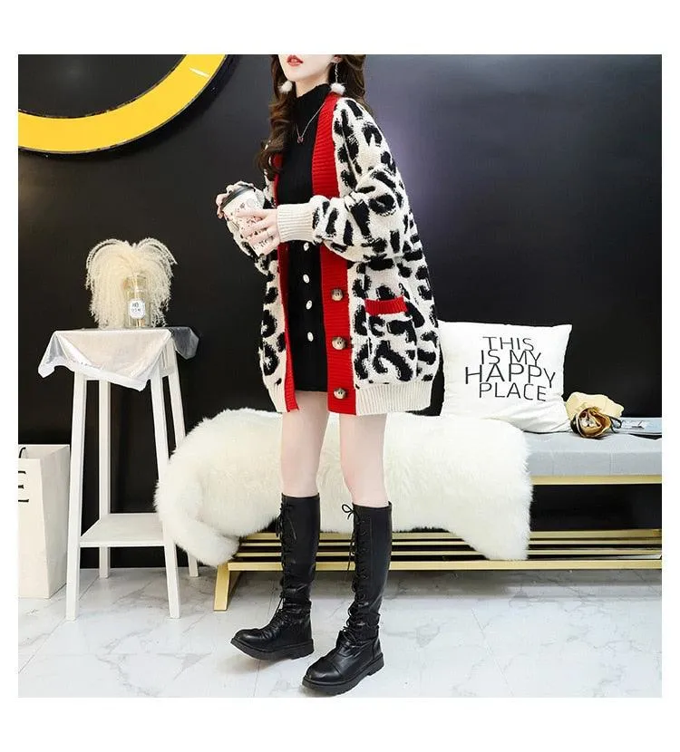 Women Fashion Long Sweater and Cardigans - Open Stitch Leopard Casual Cardigans Red and Yellow Oversized Knit Jacket Out Coat (TP4)(TB8C)(1U23)