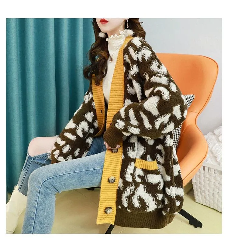 Women Fashion Long Sweater and Cardigans - Open Stitch Leopard Casual Cardigans Red and Yellow Oversized Knit Jacket Out Coat (TP4)(TB8C)(1U23)