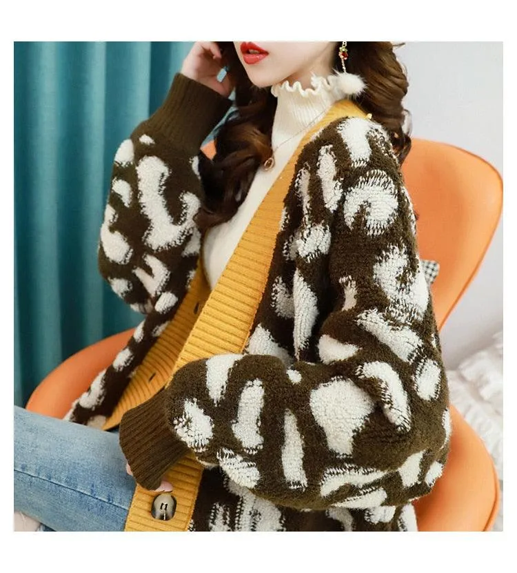 Women Fashion Long Sweater and Cardigans - Open Stitch Leopard Casual Cardigans Red and Yellow Oversized Knit Jacket Out Coat (TP4)(TB8C)(1U23)