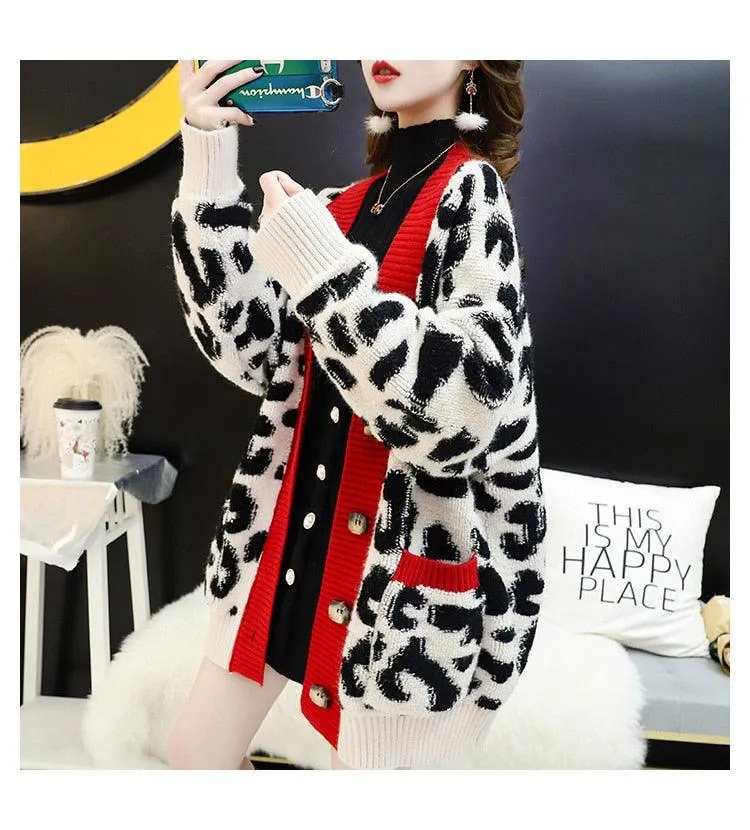Women Fashion Long Sweater and Cardigans - Open Stitch Leopard Casual Cardigans Red and Yellow Oversized Knit Jacket Out Coat (TP4)(TB8C)(1U23)
