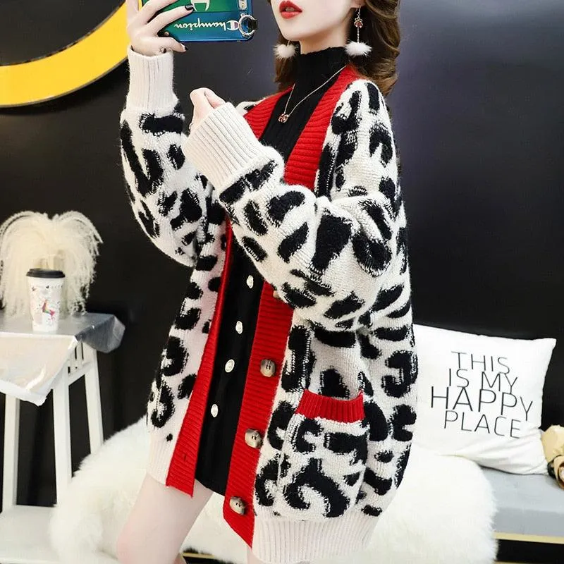 Women Fashion Long Sweater and Cardigans - Open Stitch Leopard Casual Cardigans Red and Yellow Oversized Knit Jacket Out Coat (TP4)(TB8C)(1U23)
