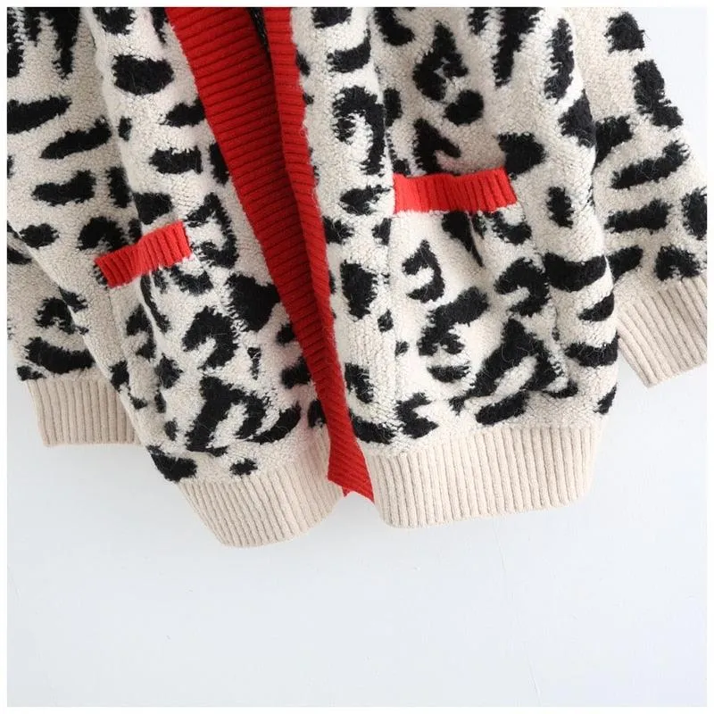 Women Fashion Long Sweater and Cardigans - Open Stitch Leopard Casual Cardigans Red and Yellow Oversized Knit Jacket Out Coat (TP4)(TB8C)(1U23)