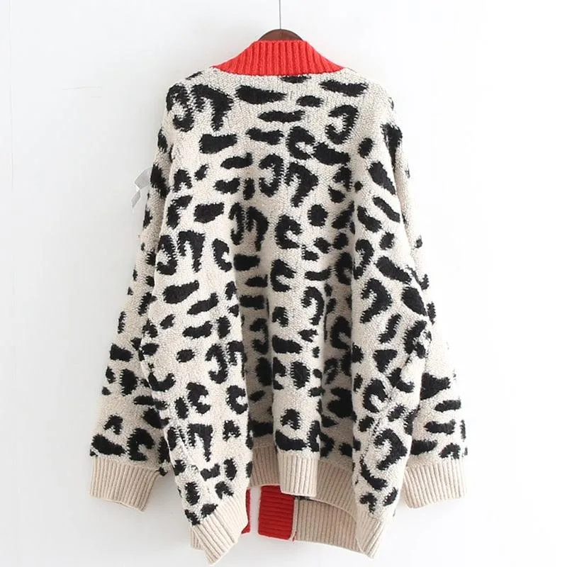 Women Fashion Long Sweater and Cardigans - Open Stitch Leopard Casual Cardigans Red and Yellow Oversized Knit Jacket Out Coat (TP4)(TB8C)(1U23)