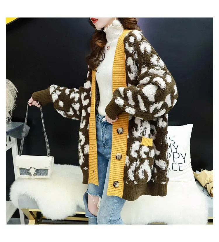 Women Fashion Long Sweater and Cardigans - Open Stitch Leopard Casual Cardigans Red and Yellow Oversized Knit Jacket Out Coat (TP4)(TB8C)(1U23)