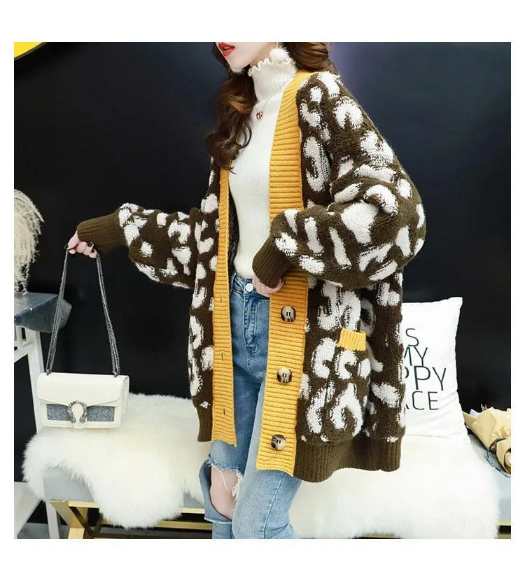Women Fashion Long Sweater and Cardigans - Open Stitch Leopard Casual Cardigans Red and Yellow Oversized Knit Jacket Out Coat (TP4)(TB8C)(1U23)