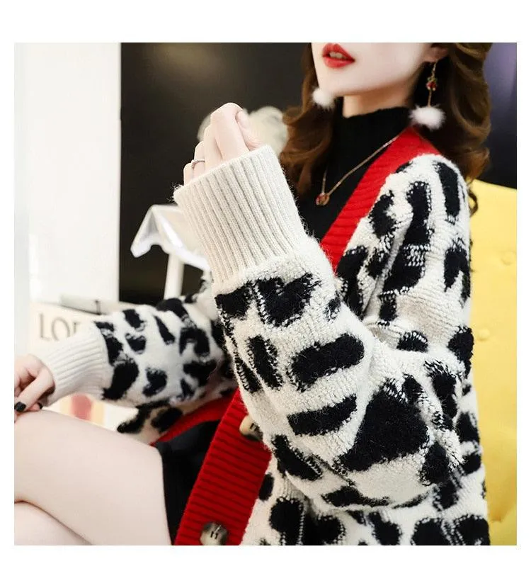Women Fashion Long Sweater and Cardigans - Open Stitch Leopard Casual Cardigans Red and Yellow Oversized Knit Jacket Out Coat (TP4)(TB8C)(1U23)