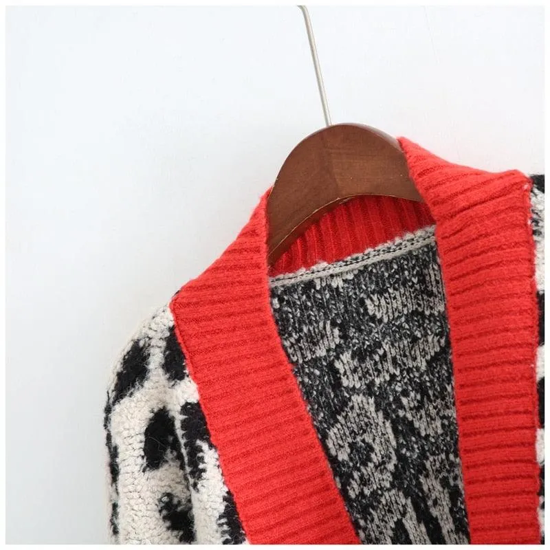 Women Fashion Long Sweater and Cardigans - Open Stitch Leopard Casual Cardigans Red and Yellow Oversized Knit Jacket Out Coat (TP4)(TB8C)(1U23)