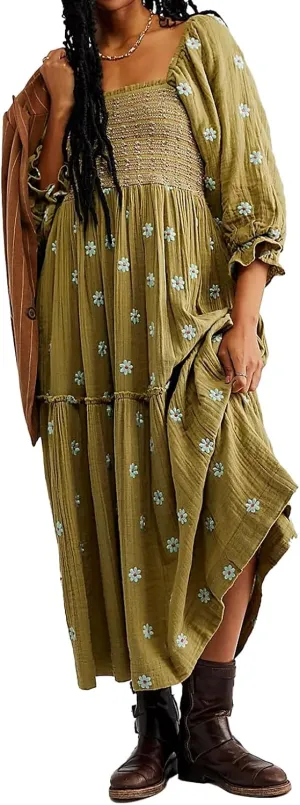 Women Floral Embroidered Maxi Dress Long Puff Sleeve Square Neck Bohemian Flowy Dress with Pockets Smocked Fall Dress