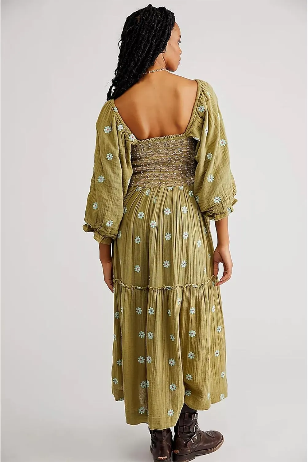 Women Floral Embroidered Maxi Dress Long Puff Sleeve Square Neck Bohemian Flowy Dress with Pockets Smocked Fall Dress