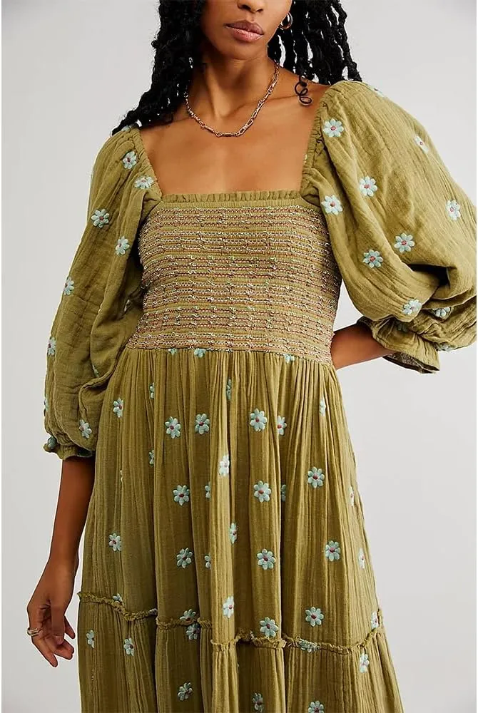 Women Floral Embroidered Maxi Dress Long Puff Sleeve Square Neck Bohemian Flowy Dress with Pockets Smocked Fall Dress