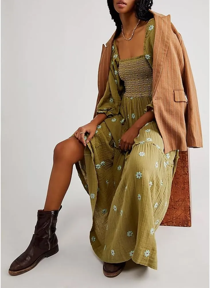 Women Floral Embroidered Maxi Dress Long Puff Sleeve Square Neck Bohemian Flowy Dress with Pockets Smocked Fall Dress
