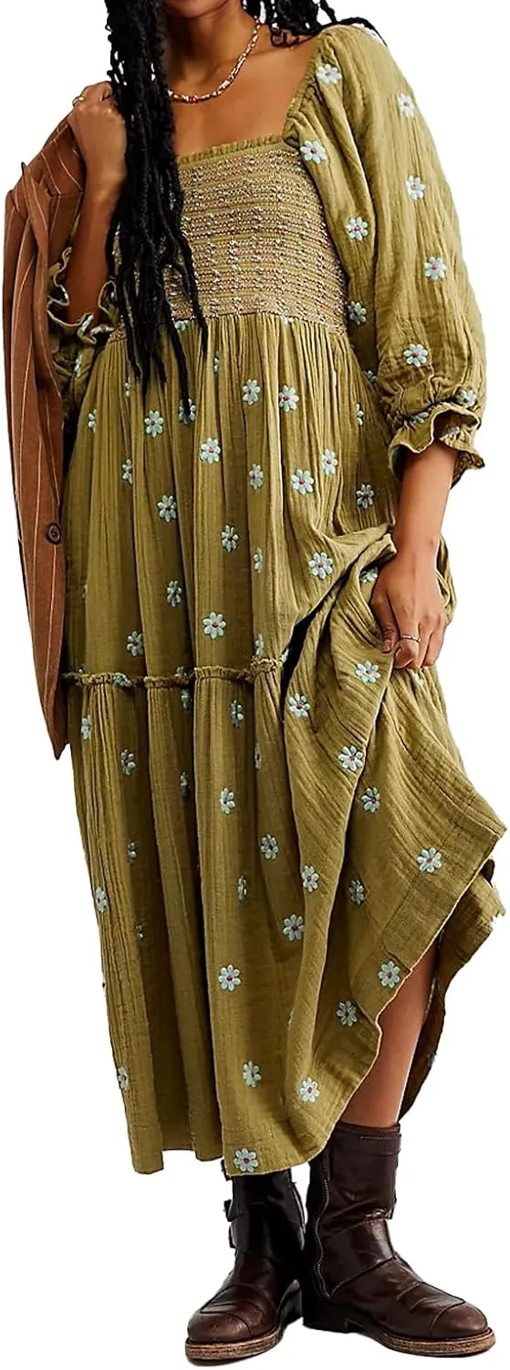 Women Floral Embroidered Maxi Dress Long Puff Sleeve Square Neck Bohemian Flowy Dress with Pockets Smocked Fall Dress